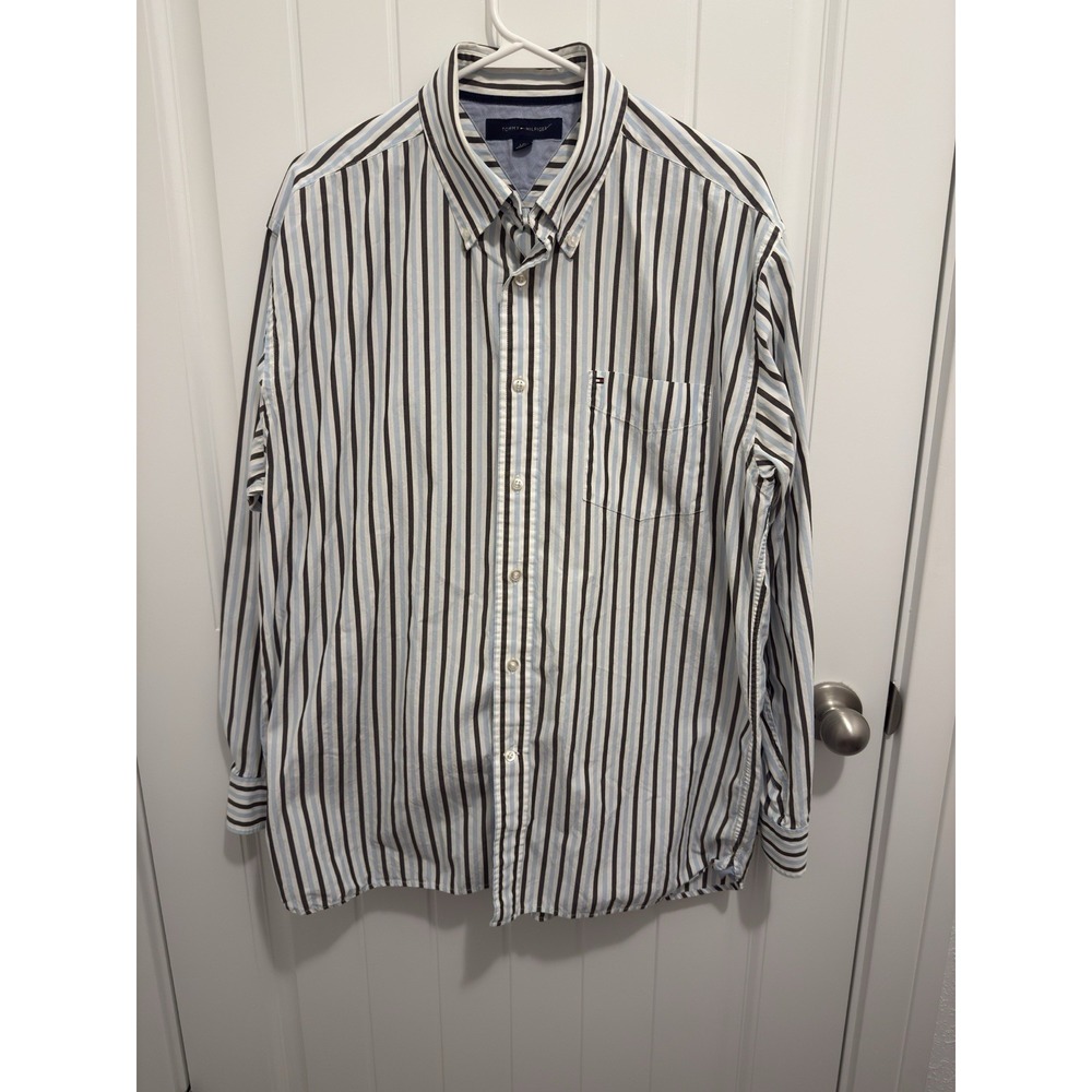 Tommy Hilfiger Mens Striped Button Down Shirt Blue Brown White Long Sleeve Large
